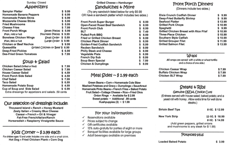 Front Porch Resturant Menu